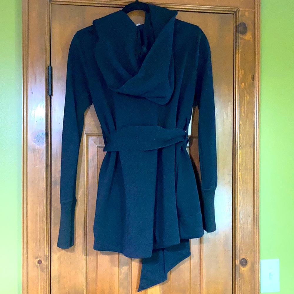 Black Hooded Wrap-Front Women's Top - Picture 5 of 7